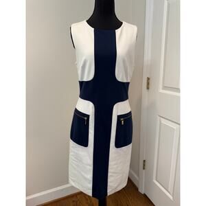 Sharagano Navy and White Color Block Dress with Gold Tone Zip Pockets